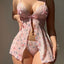 Pink Floral Sheer Mesh Lace Strap Lingerie - Uniform Style Set