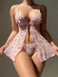 Pink Floral Sheer Mesh Lace Strap Lingerie - Uniform Style Set