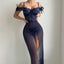 Navy Blue See-Through Mesh Long Dress - Split Lingerie Set