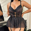 Plus Size Lace Mesh Polka Dot Lingerie Set with Stockings