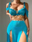 Sky Blue Bow Chain Sling High Slit Skirt Lingerie - Uniform Set