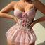 Steel Ring Push-Up Transparent Mesh Bow Lingerie - Grid Uniform Set