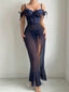 Navy Blue See-Through Mesh Long Dress - Split Lingerie Set