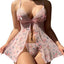 Pink Floral Sheer Mesh Lace Strap Lingerie - Uniform Style Set