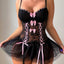Steel Ring Push-Up Transparent Mesh Bow Lingerie - Grid Uniform Set