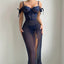 Navy Blue See-Through Mesh Long Dress - Split Lingerie Set